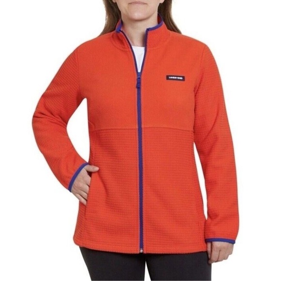 LANDS’ END Breathable Grid Fleece Full-Zip Orange Blue Jacket Size Medium - Picture 2 of 12